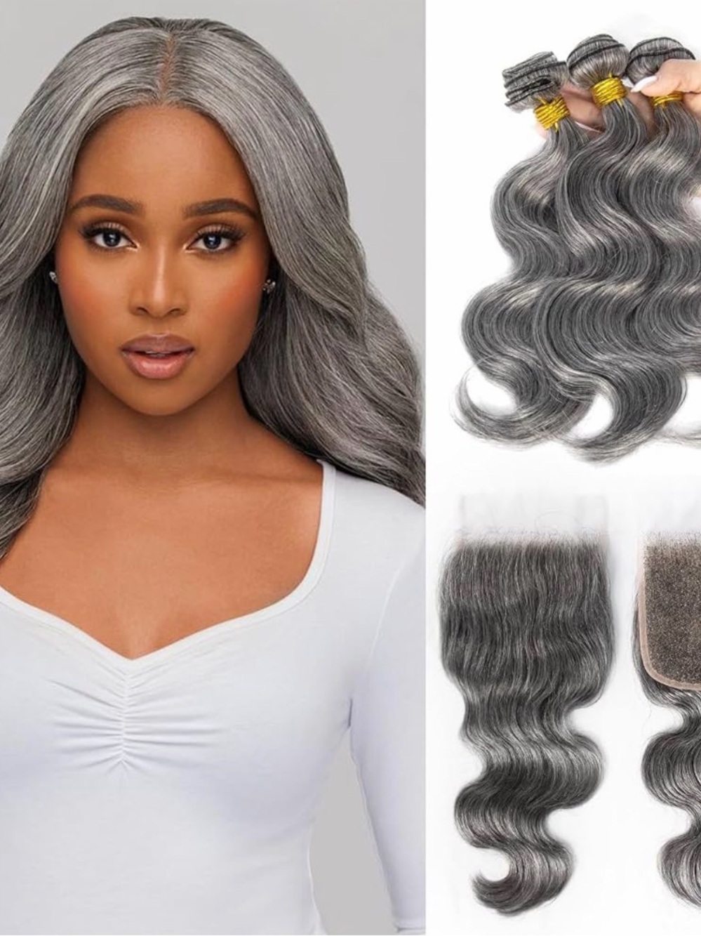 Grey Body Wave Human Hair Bundles with Closure - 3 bundles of Natural Grey